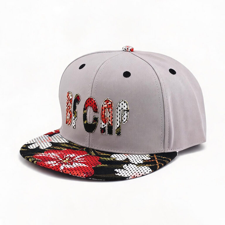 Flat Brim Caps Light Gray Crown Red Floral Brim BFCAP Embroidered Patch Applique Floral Perforated Snapback Cap Unisex Hip Hop Street Adjustable Flat Brim Hat