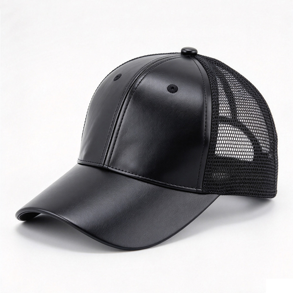 Trucker Caps Black PU Leather Mesh Trucker Cap Blank Faux Leather Front Custom Logo Adjustable Mesh Baseball Hat