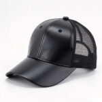 Trucker Caps Black PU Leather Mesh Trucker Cap Blank Faux Leather Front Custom Logo Adjustable Mesh Baseball Hat