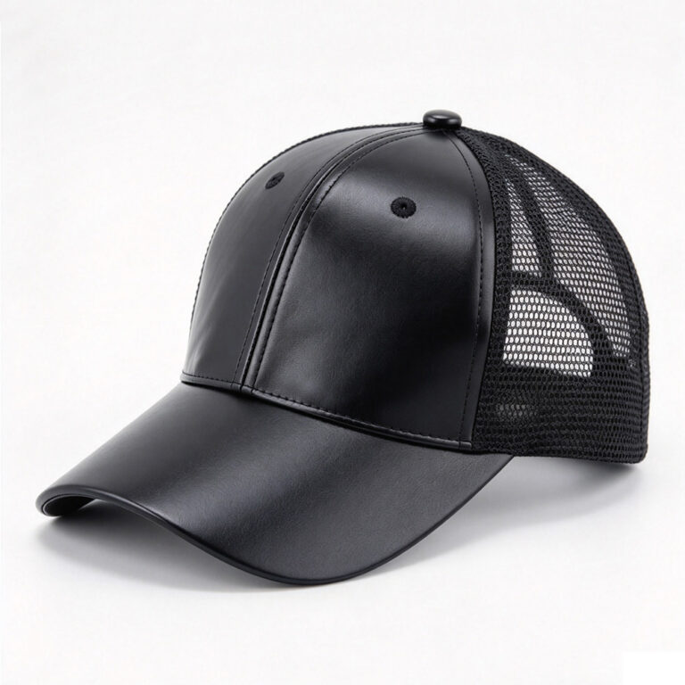 Trucker Caps Black PU Leather Mesh Trucker Cap Blank Faux Leather Front Custom Logo Adjustable Mesh Baseball Hat