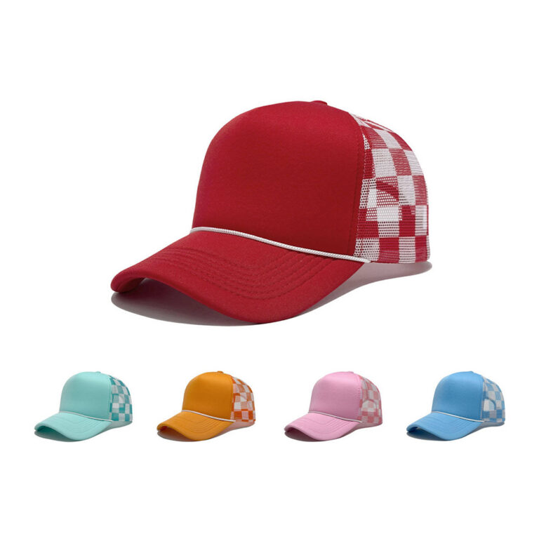 Trucker Caps Foam Checkered Trucker Hat Plaid Blank Rope Curved Brim Adjustable Mesh Baseball Cap