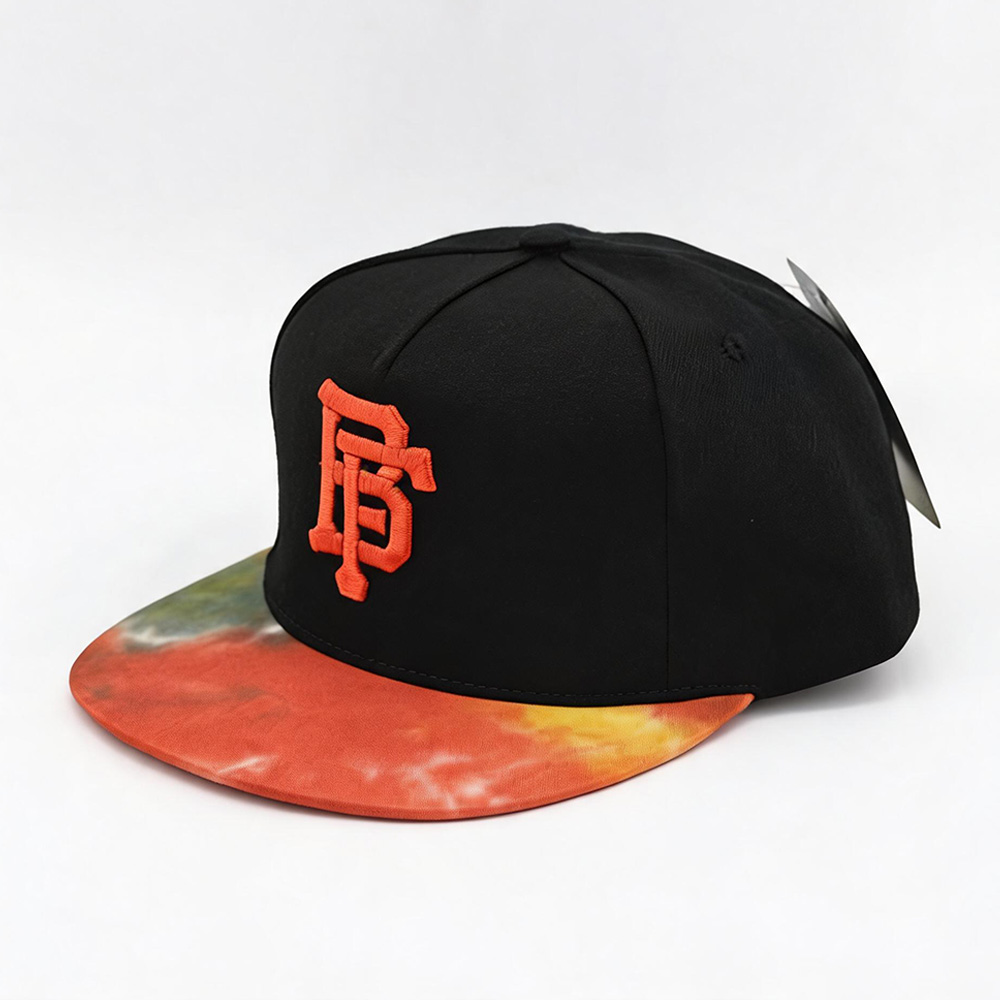 Flat Brim Caps 5 Panel Black 3D Letters Embroidery Snapback Cap Orange Print Flat Brim Hat