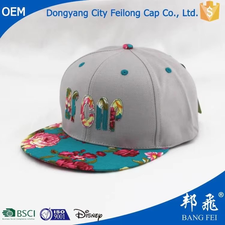 Flat Brim Caps Gray Crown Teal Pink Floral Brim Adjustable Snapback Hat Unisex Embroidered BF Applique Flat Bill Street Baseball Cap