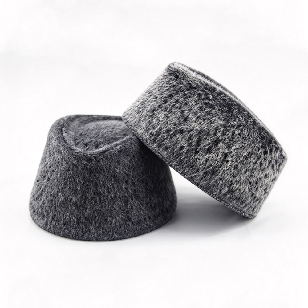 Bucket Hats Vintage Faux Fur Fez Warm Short Cylinder Hat Winter Plush Gray Solid Felt Short Cone Flat Top Cap