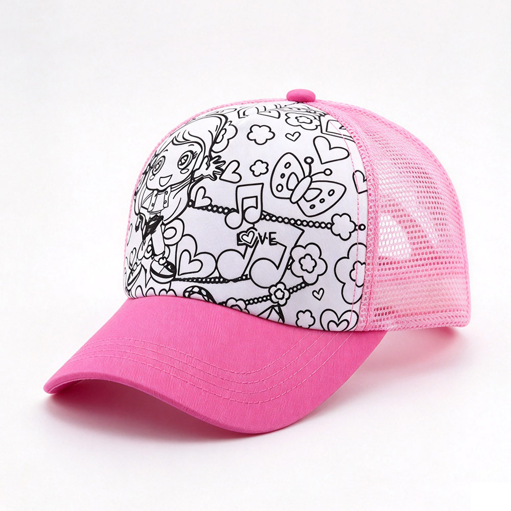 Trucker Caps Children DIY Coloring Doodle Kids Adjustable Trucker Hat Cartoon Girl Line Drawing Adjustable Curved Brim Mesh Baseball Cap