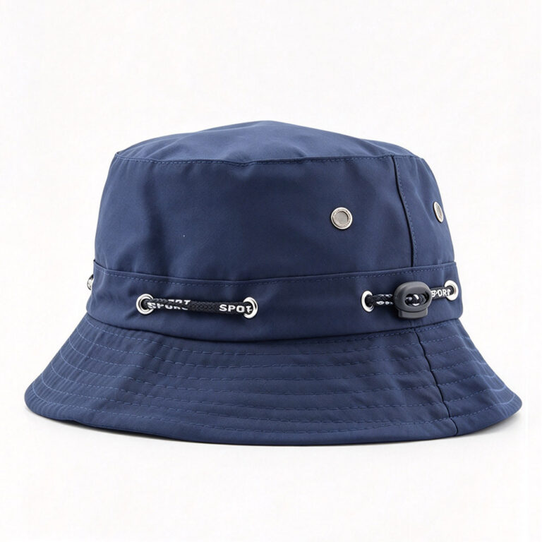 Bucket Hats Navy Blue Adjustable Drawstring Wide Brim Fisherman Hat Breathable Metal Eyelet Vent Sun Protection Sport Hiking Travel Bucket Cap