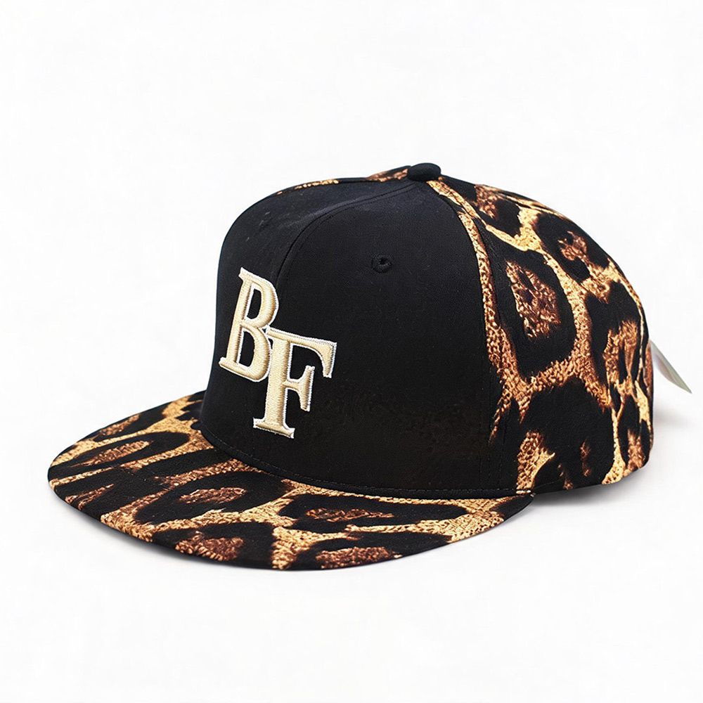 Flat Brim Caps Black Front Leopard Print BF Embroidered Spliced Flat Brim Adjustable Baseball Cap Unisex Hip-Hop 3D Gold Streetwear Snapback Hat
