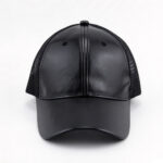 Trucker Caps Black PU Leather Mesh Trucker Cap Blank Faux Leather Front Custom Logo Adjustable Mesh Baseball Hat