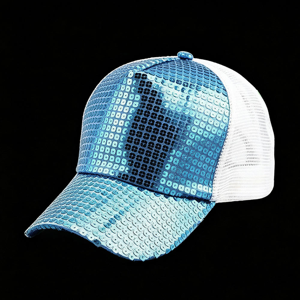 Trucker Caps Shiny Blue Sequin Front Trucker Hat White Breathable Adjustable Glitter Mesh Baseball Cap
