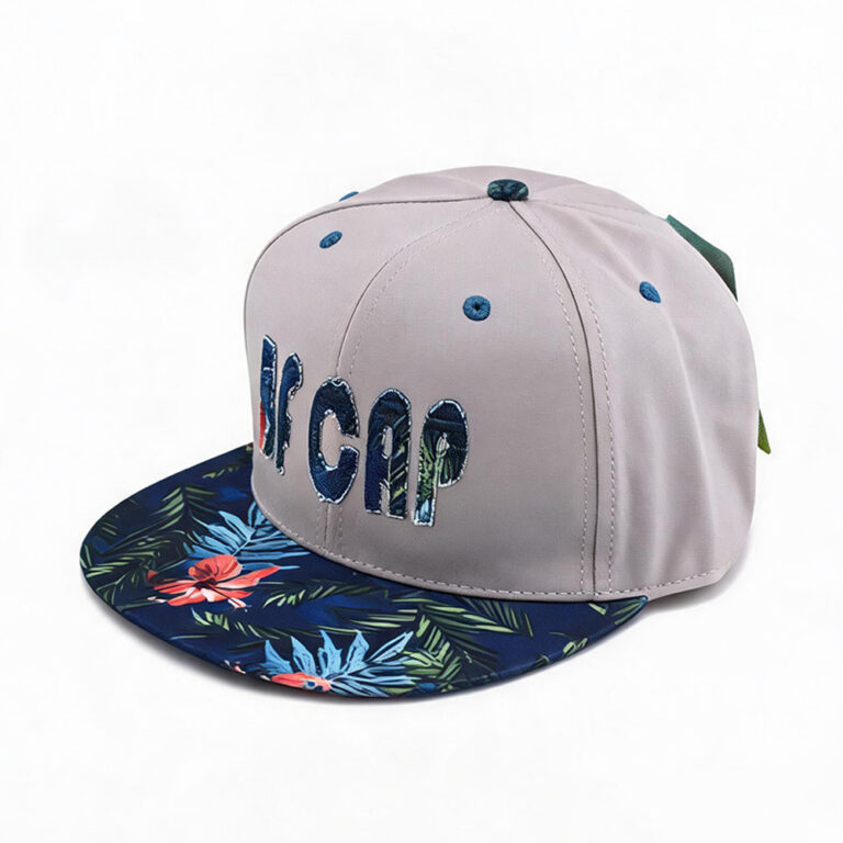 Flat Brim Caps Casual Light Grey BF CAP Embroidered Logo Flat Brim Baseball Cap Unisex Streetwear Navy Tropical Palm & Flower Print Brim Adjustable Snapback Hat