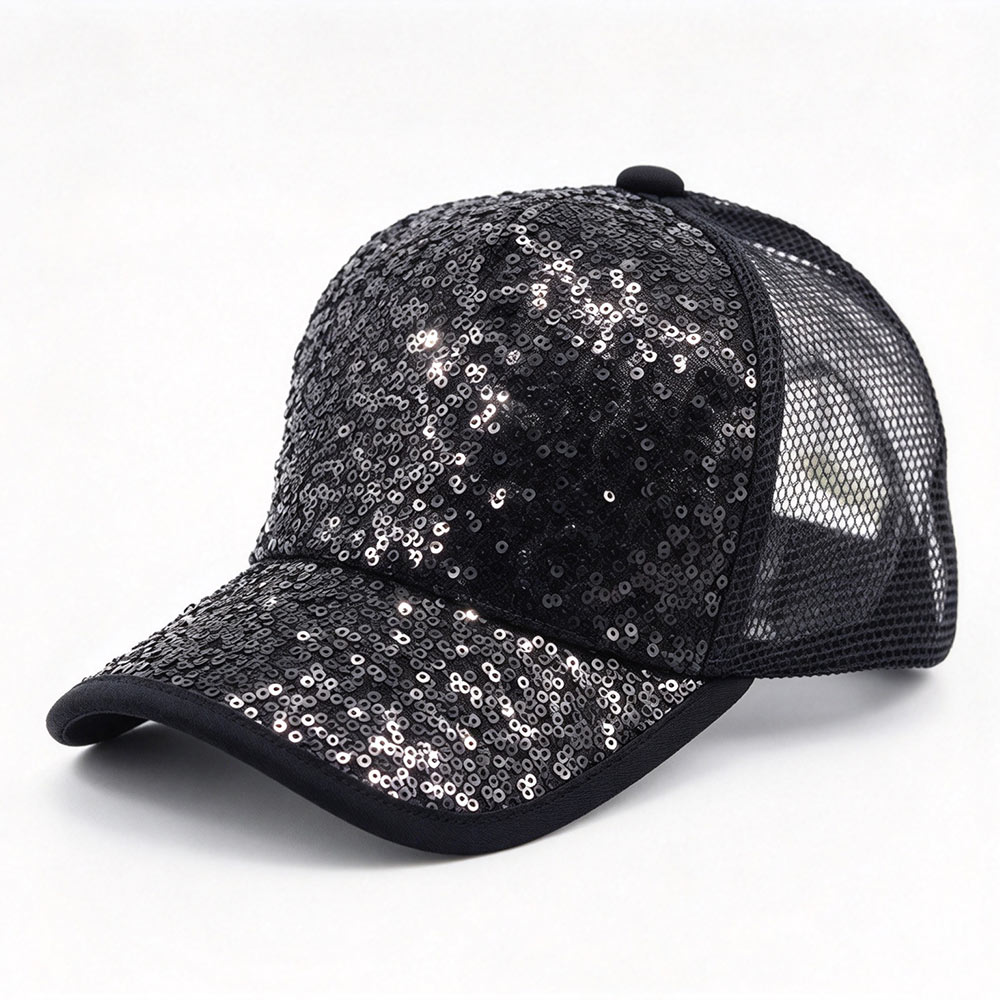 Trucker Caps Women Sparkly Sequin Adjustable Trucker Hat Glitter Casual Party Sequins Front Curved Bill Mesh Baseball Cap