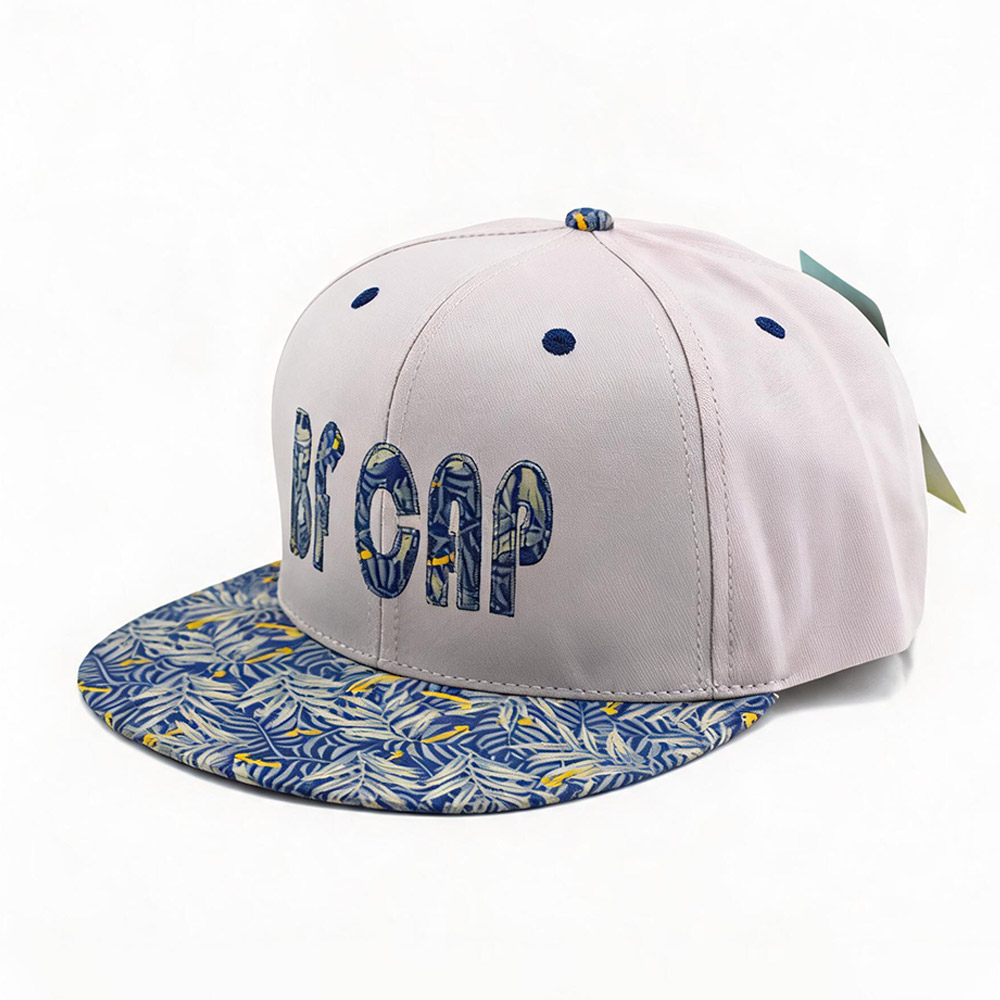 Flat Brim Caps Unisex Blue Yellow Tropical Leaf Print Brim Adjustable Snapback Hat Light Gray BF Embroidered Street Style Flat Bill Baseball Cap